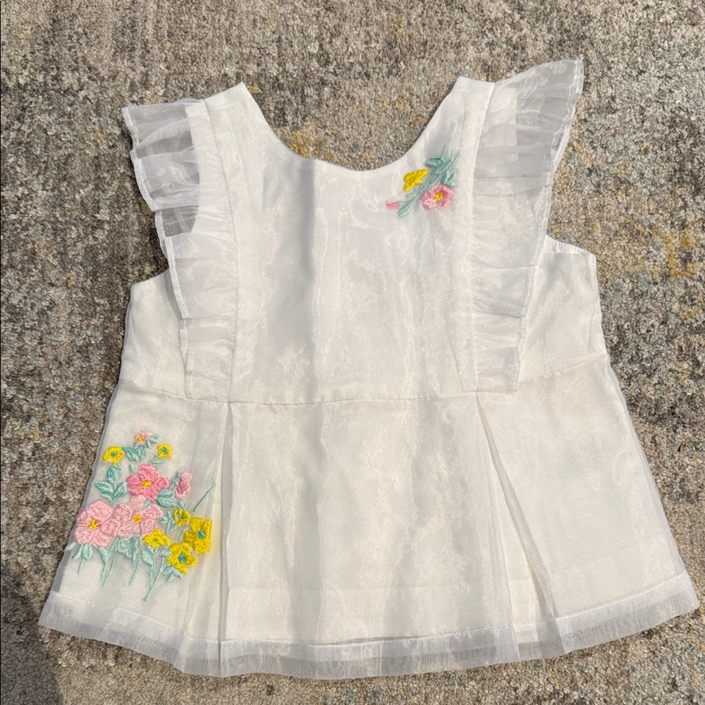 Janie and Jack Cream Blouse with Floral Embroidery